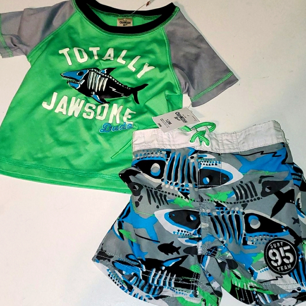 New Oshkosh boy's size 12mo green and blue fish swimsuit set